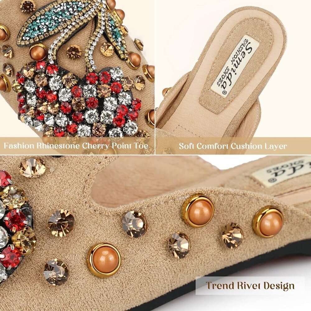 Women's Khaki Flats Comfortable Soft  Insole Pointed Cherry  Rivet Mule Shoes - Picture 5 of 5